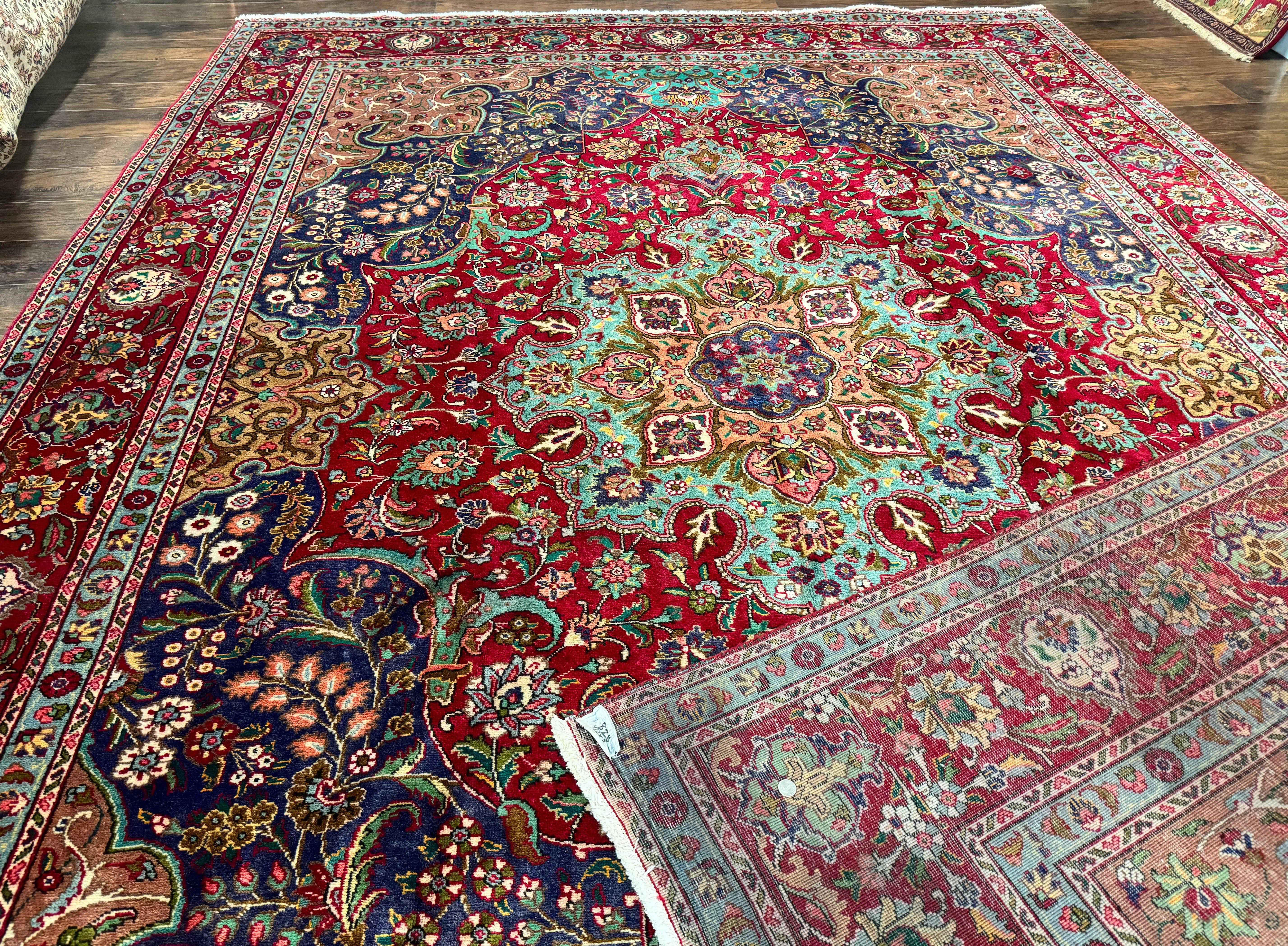 Wonderful Persian Tabriz Rug 10x14, Antique Persian Carpet, Handmade Wool Rug, Floral Medallion, Red Navy Blue, Colorful, Large Persian Area Rug - Image 10