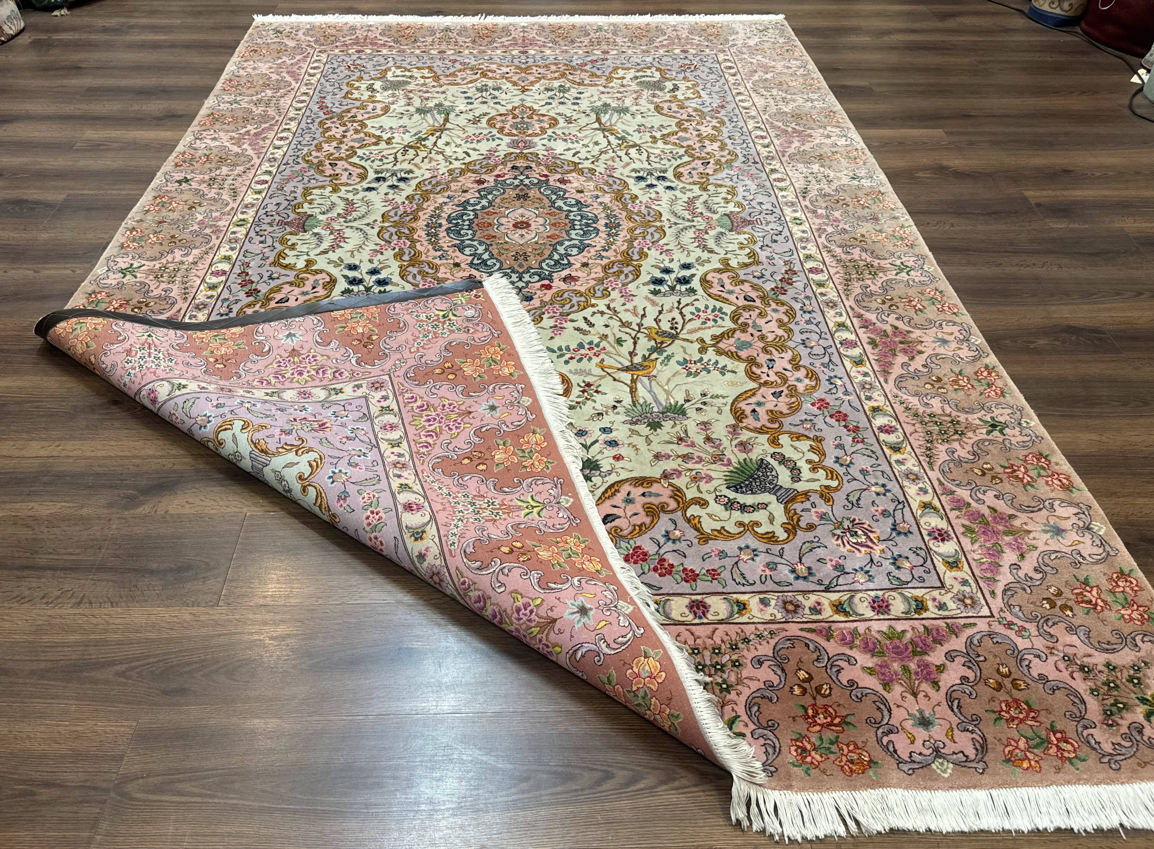 Wonderful Persian Tabriz Rug 7x10, Very Fine 330 KPSI, Light Green Light Blue Pink, Kork Wool Silk Foundation, Bird Pictorials - Image 11