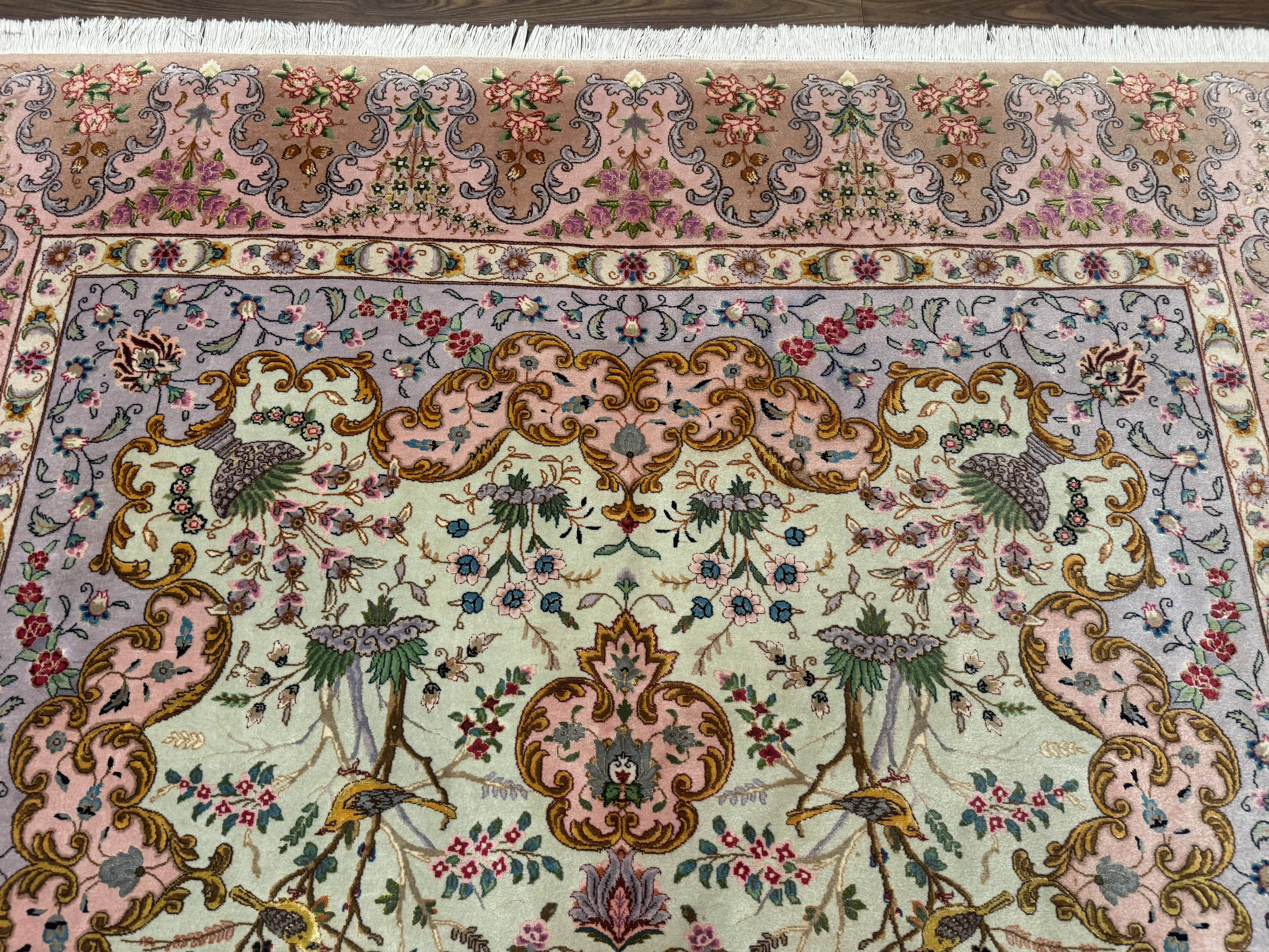 Wonderful Persian Tabriz Rug 7x10, Very Fine 330 KPSI, Light Green Light Blue Pink, Kork Wool Silk Foundation, Bird Pictorials - Image 3