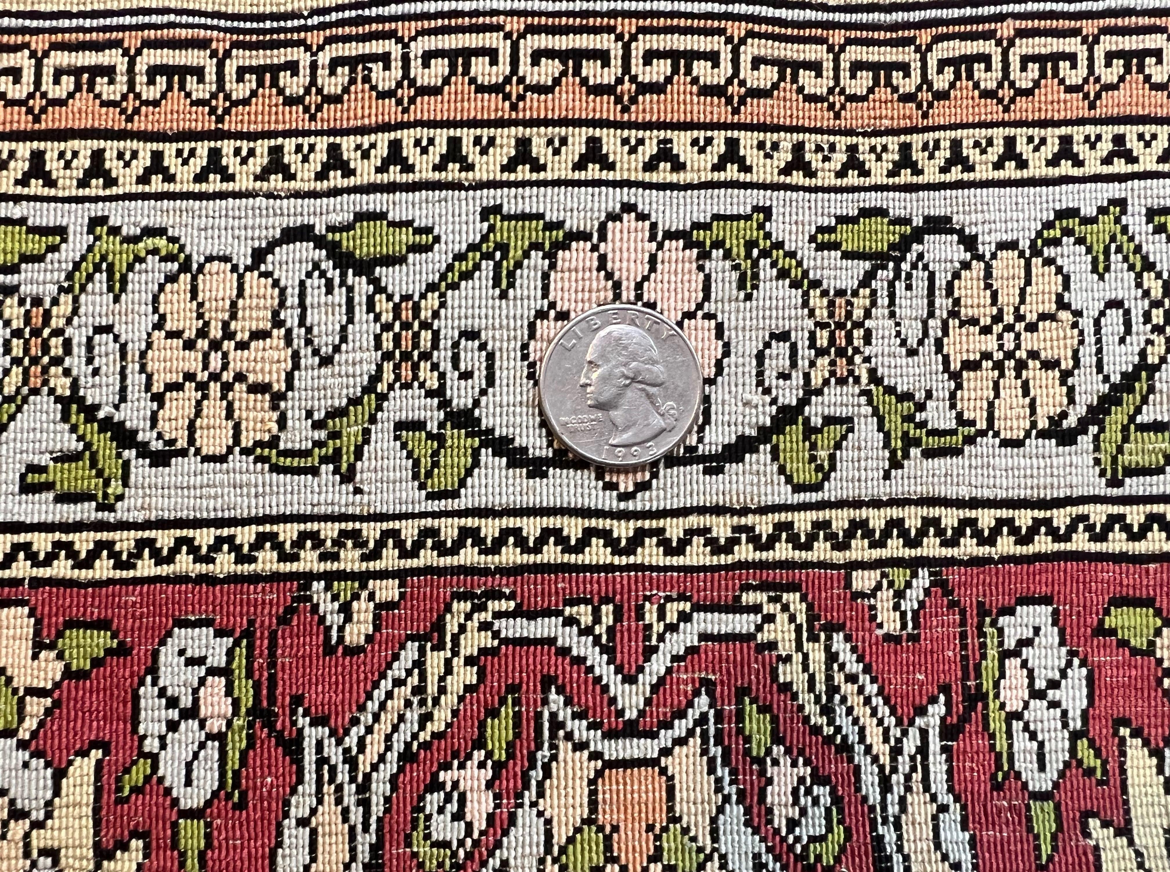 Wonderful Silk Turkish Hereke Prayer Rug 2.8 x 4.5, Tree of Life Design, Signature from Master Weaver, Gold and Burgundy, Handmade, 625 KPSI - Image 10