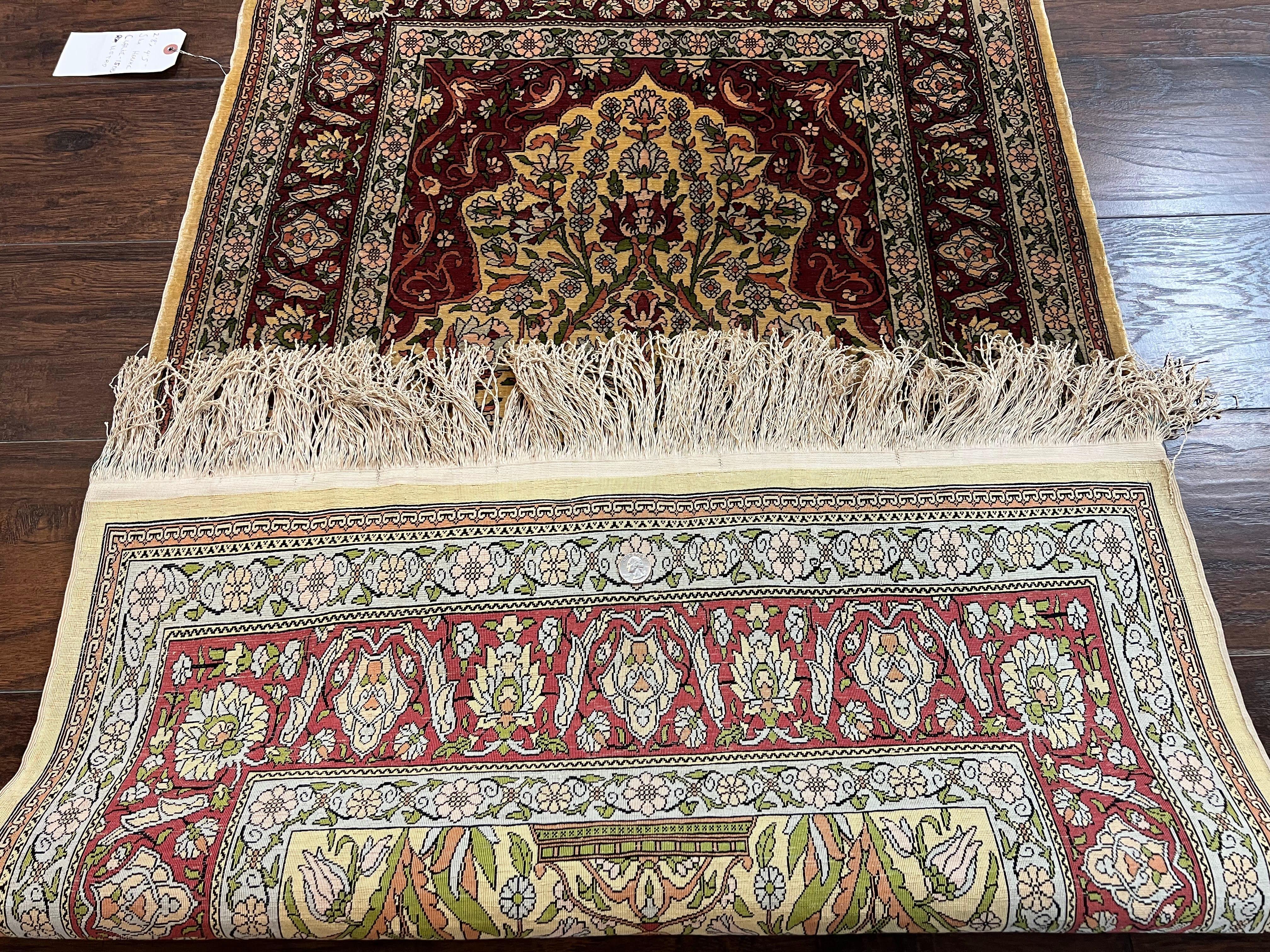 Wonderful Silk Turkish Hereke Prayer Rug 2.8 x 4.5, Tree of Life Design, Signature from Master Weaver, Gold and Burgundy, Handmade, 625 KPSI - Image 11