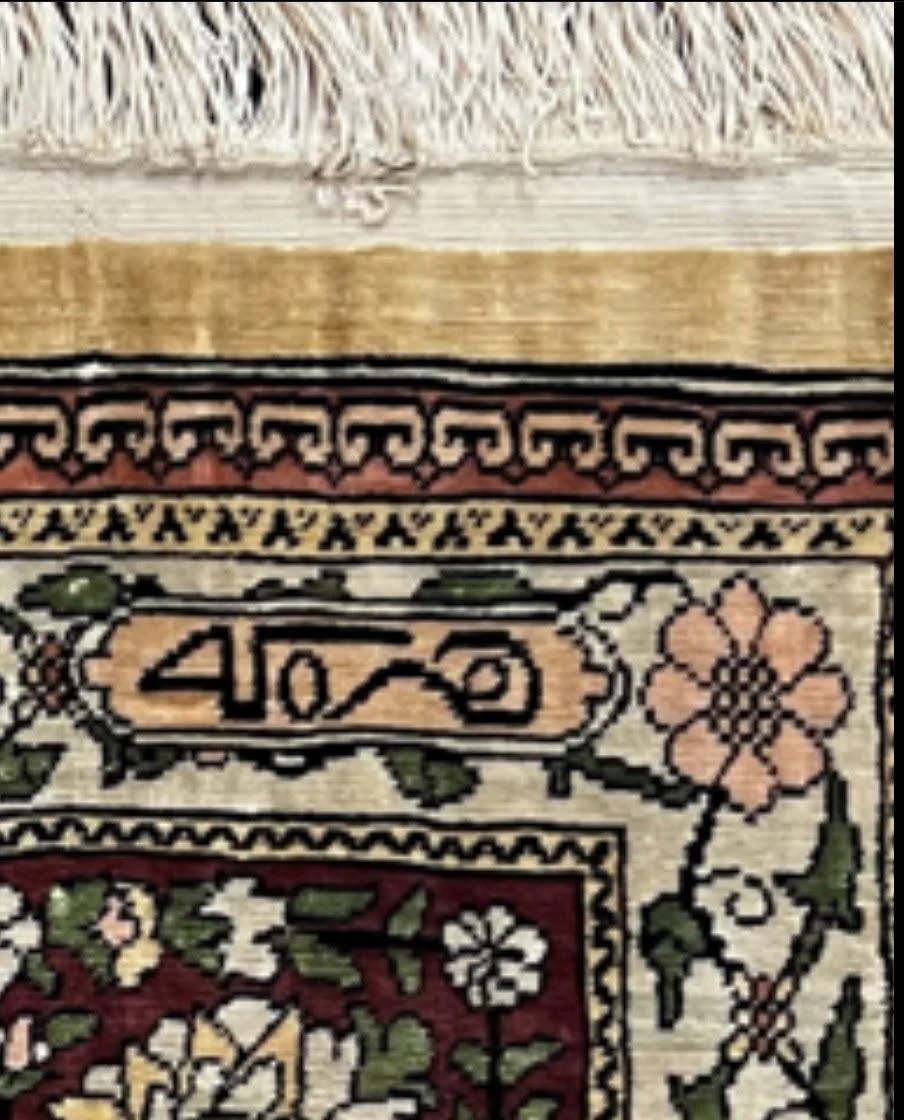 Wonderful Silk Turkish Hereke Prayer Rug 2.8 x 4.5, Tree of Life Design, Signature from Master Weaver, Gold and Burgundy, Handmade, 625 KPSI - Image 12