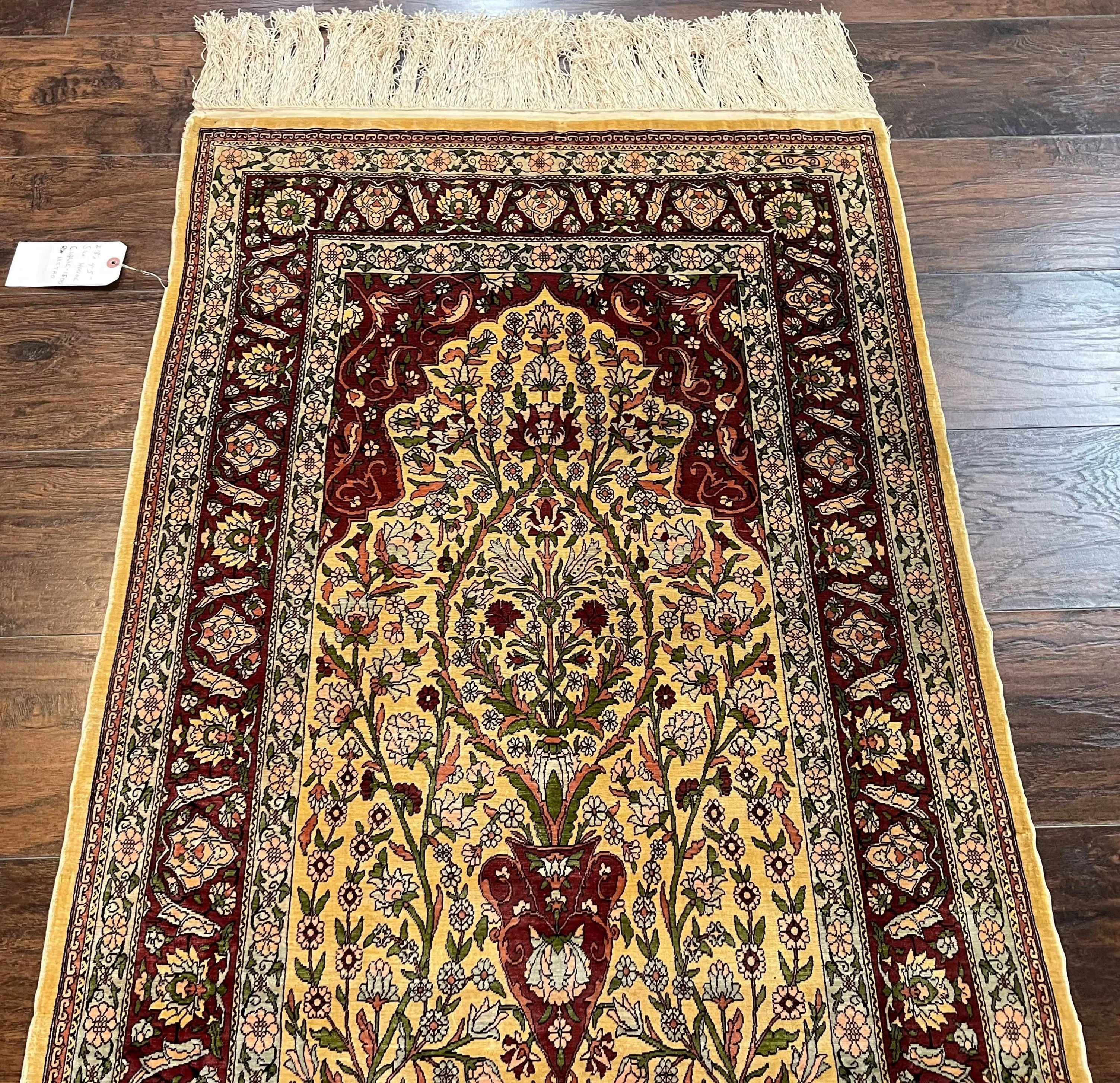Wonderful Silk Turkish Hereke Prayer Rug 2.8 x 4.5, Tree of Life Design, Signature from Master Weaver, Gold and Burgundy, Handmade, 625 KPSI - Image 3