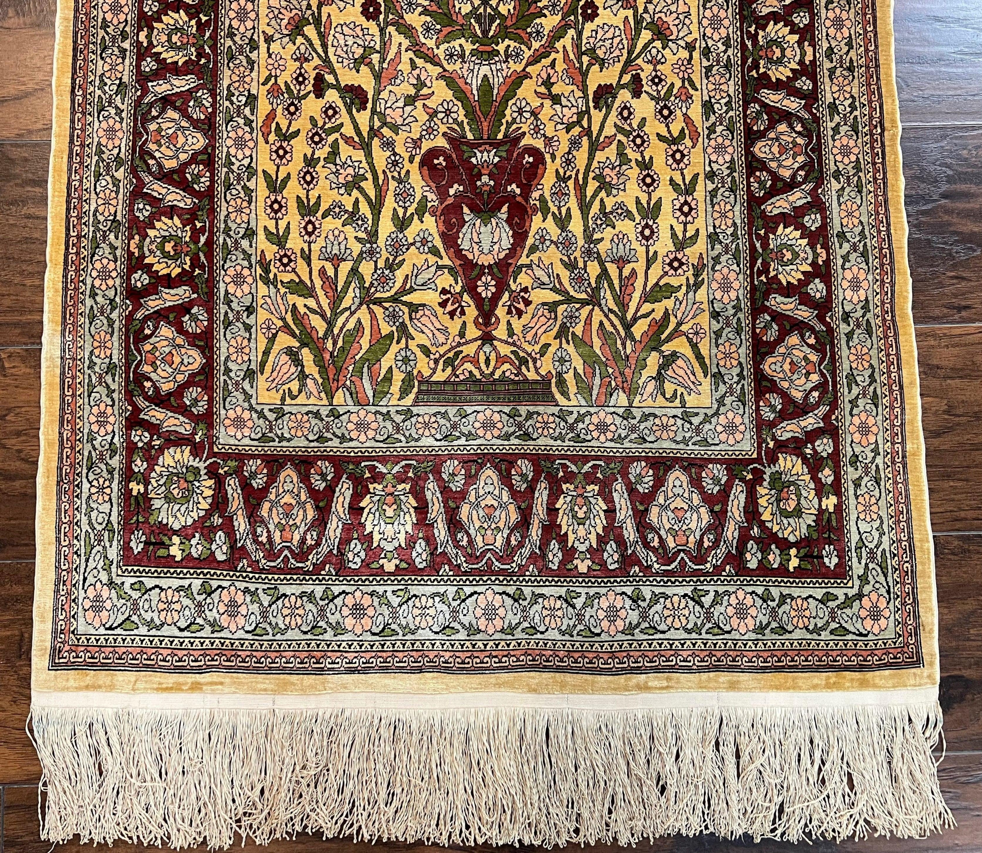 Wonderful Silk Turkish Hereke Prayer Rug 2.8 x 4.5, Tree of Life Design, Signature from Master Weaver, Gold and Burgundy, Handmade, 625 KPSI - Image 5