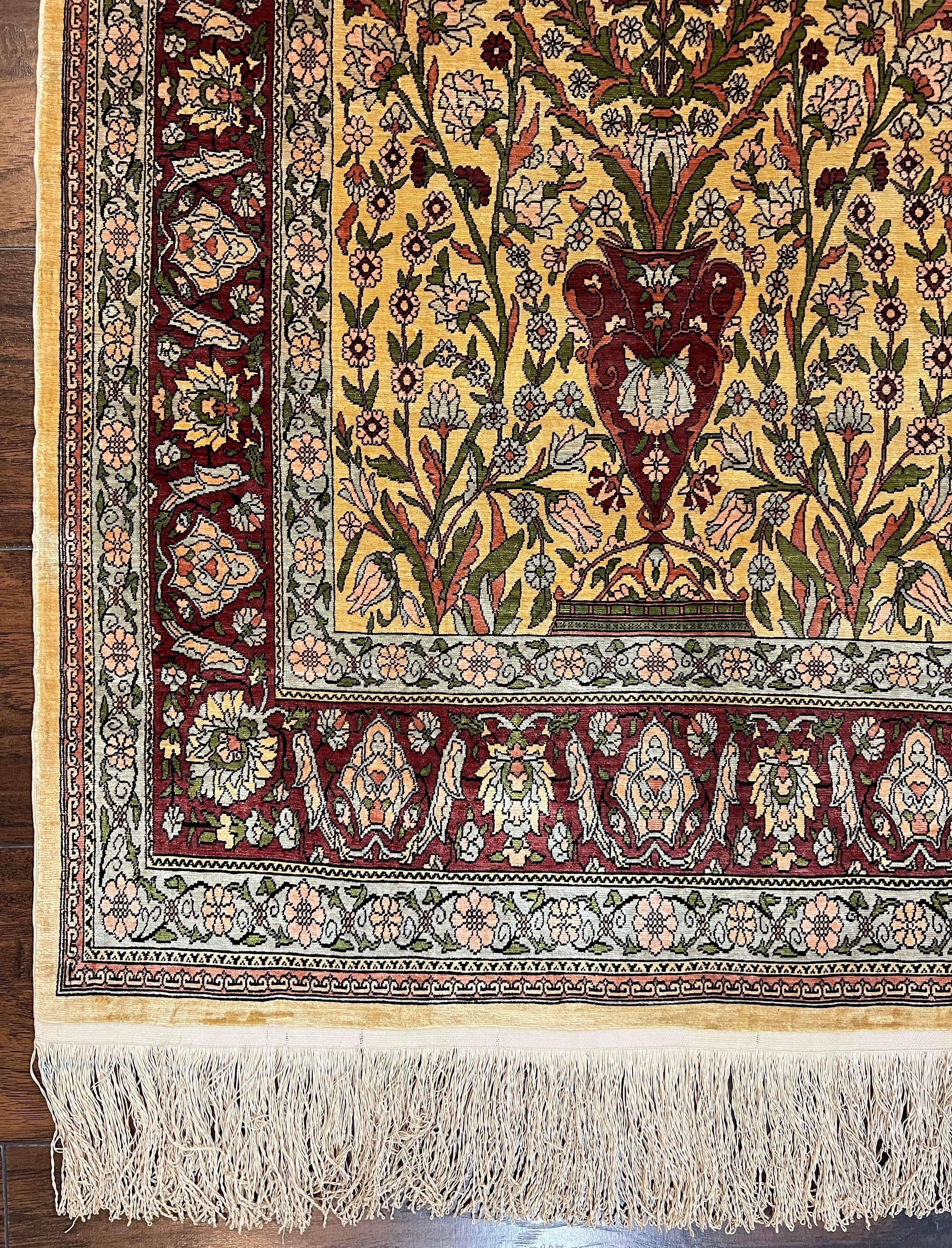 Wonderful Silk Turkish Hereke Prayer Rug 2.8 x 4.5, Tree of Life Design, Signature from Master Weaver, Gold and Burgundy, Handmade, 625 KPSI - Image 8